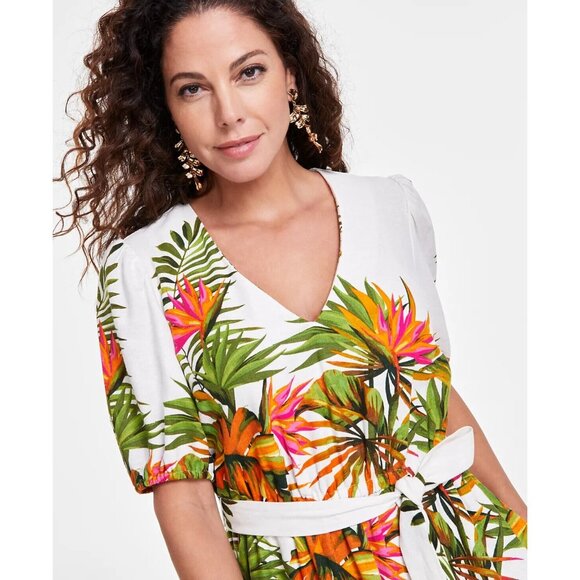 INC Maxi Dress Floral Print Linen Blend Tie Waist Pockets NWT - Picture 2 of 15